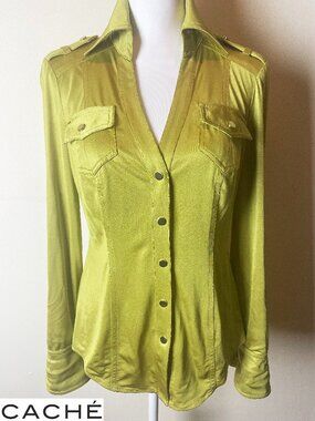 Cache Vintage Chartreuse LS Collared Blouse w/Metal Snap Buttons Size Small EUC